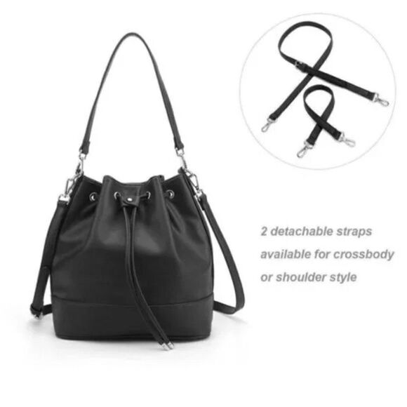 NEW BUCKET Bags with Drawstring Black Vegan Leather Hobo Handbag - Picture 3 of 7
